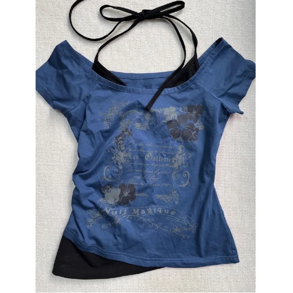 2025 American Retro Fake Two Pieces off-the-Shoulder Short-Sleeved T-shirt Women's Halter Mid-Ancient Short Top Fashion