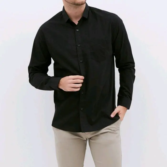 COD,TERMURAH TERLARIS KEMEJA POLOS PRIA SLIMFIT PANJANG WARNA HITAM baju formal Kancing  Kerah Katun 3