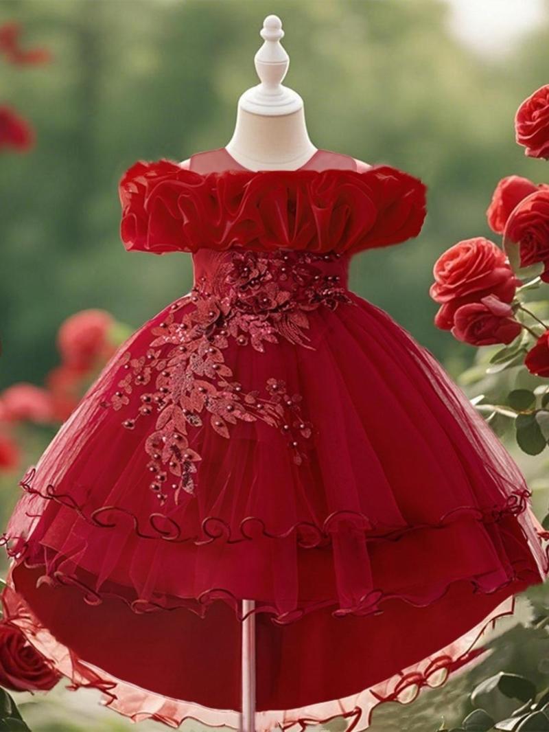 Product Introduction of Girl's Floral Embroidery Sequin Decor Tulle Dress, Elegant Cold Shoulder A Line Dress for Party Performance Wedding Guest, Kids Clothes for Summer 8