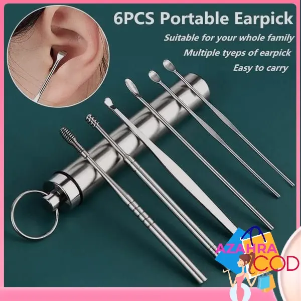 AZAHRA KOREK KUPING STAINLESS 6in1 PLUS WADAH TABUNG ALAT PEMBERSIH TELINGA EAR CLEANER KOTORAN SET 0
