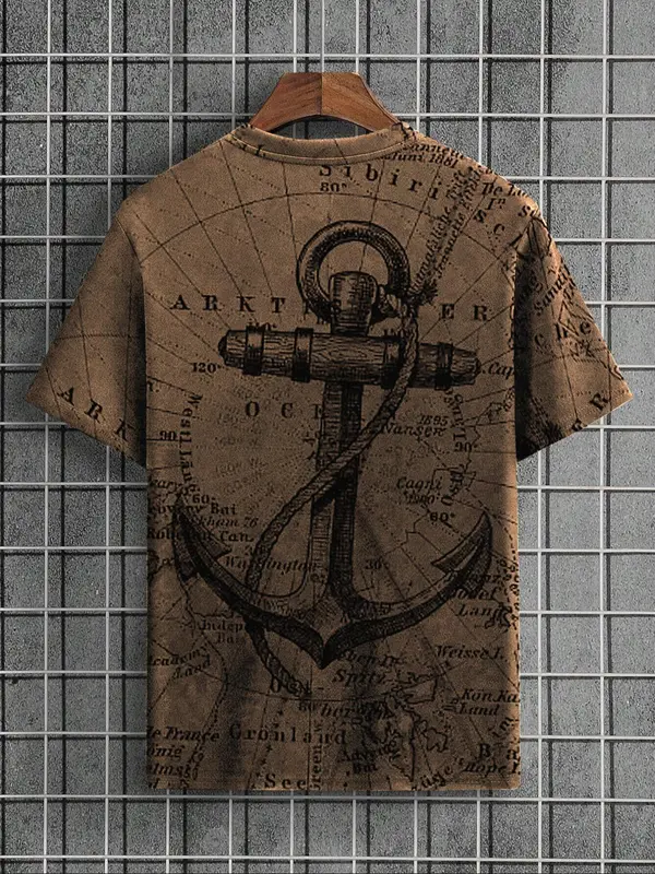 Men's Letter & Anchor Print Round Neck Tee, Summer Clothes Casual Regular Fit Short Sleeve T-Shirt for Summer, Mens Clothes for Daily Wear 8