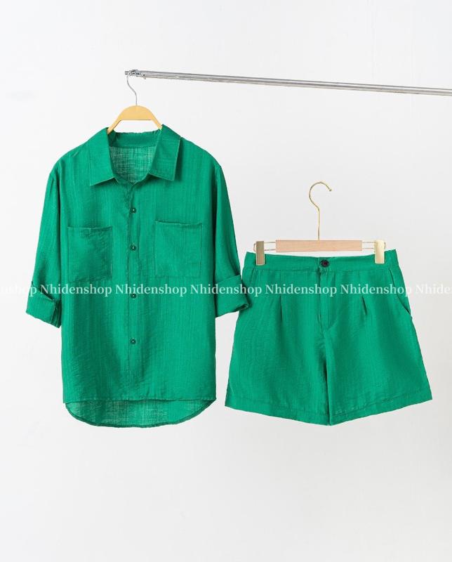 bộ đũi nữ - áo sơ mi dài tay + quần đùi sang chảnh Voi Women Nhung Top 0