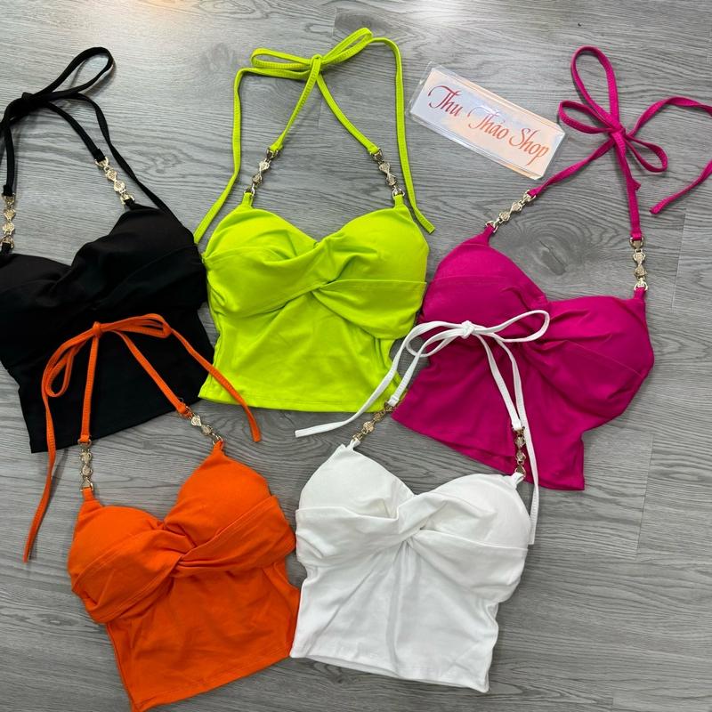 Áo yếm choàng cổ phối khuy có kèm mút đệm Nữ