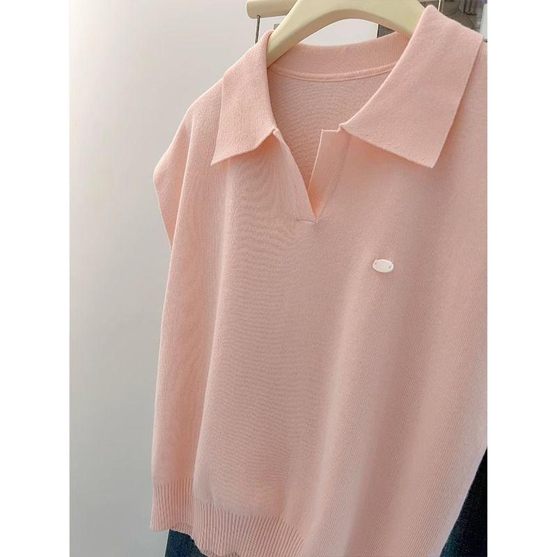 Áo Thun ngắn Tay Dệt Kim Màu Hồng Cổ Polo Trễ Vai Chất Liệu Lụa Lạnh Dáng Rộng Vừa Vặn Thiết Kế Độc Đáo Và Tuyệt Đẹp Thích Hợp Cho Mùa Hè Dành Cho Nữ