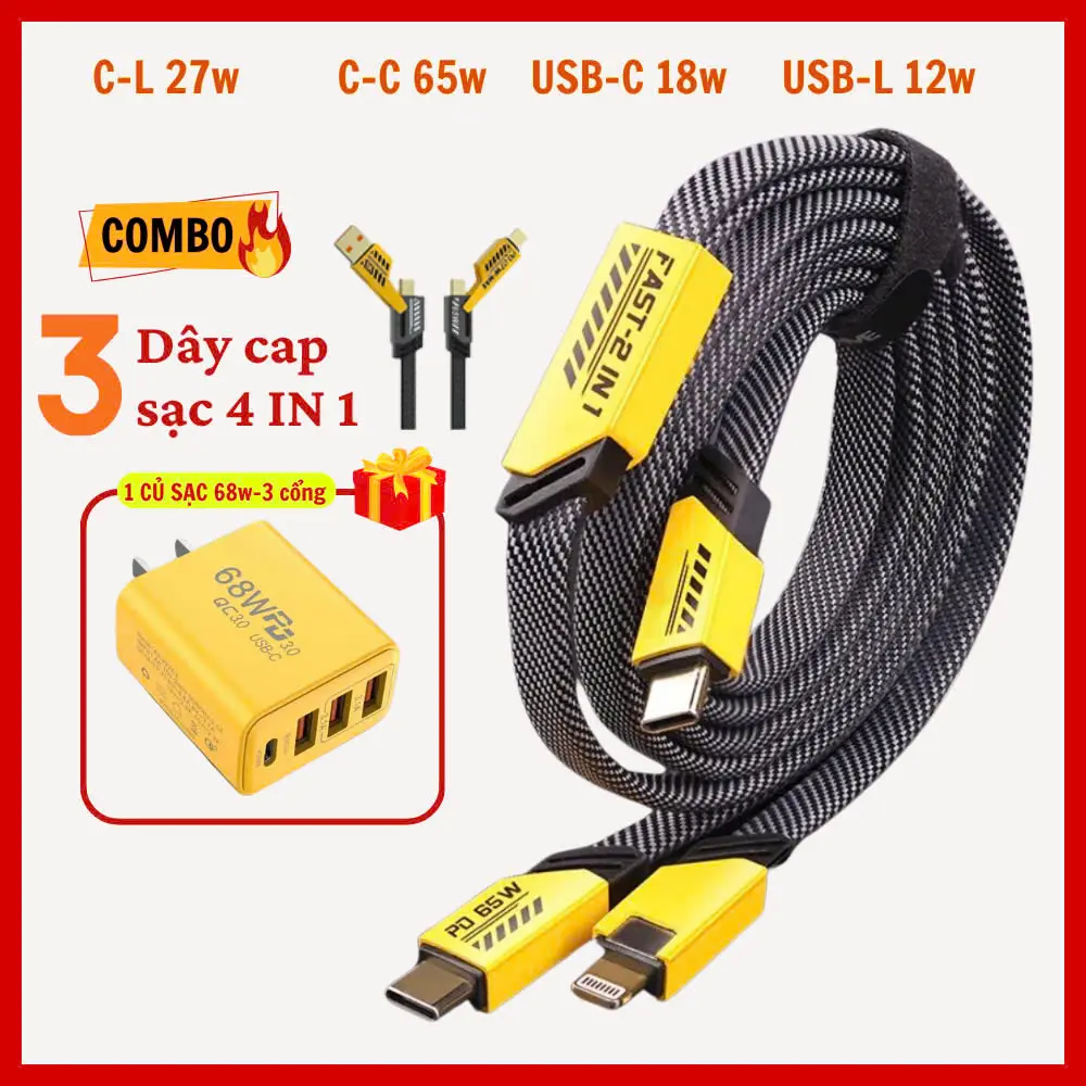 Cáp sạc nhanh, Combo 3 trong 1 4 IN 1, Bộ sạc nhanh 68W, Hỗ trợ sạc nhiều thiết bị, Không quá nóng thiết bị