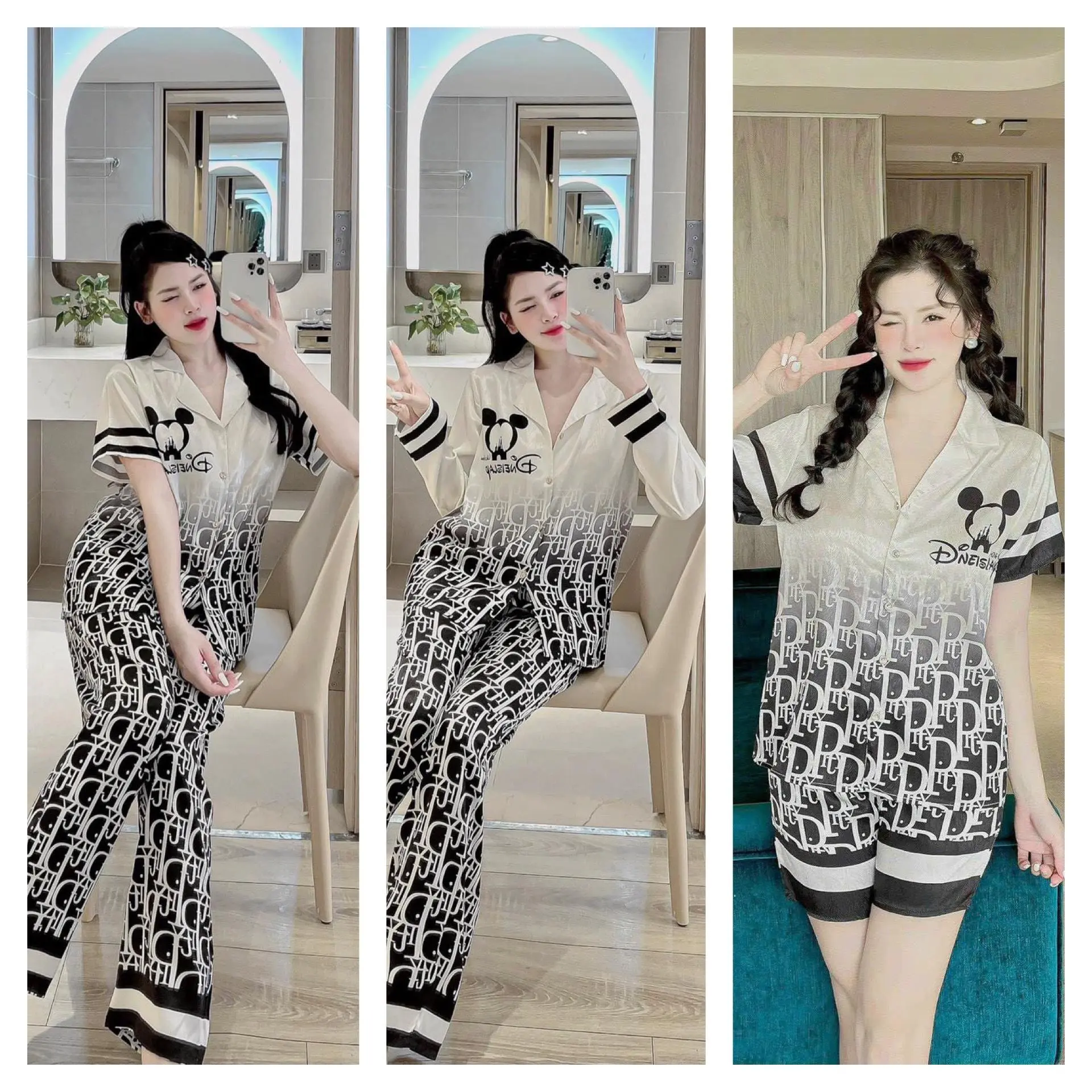 Bộ Đồ Pijama Nương Nana Lụa Xước Loang Đen Nữ