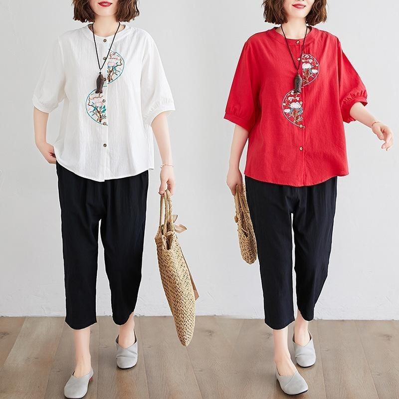 Áo Trung Niên Nữ Cổ Tròn Thêu Họa Tiết Chất Đũi Xước Nhật Phong Cách Hàn Quốc Top Women 3