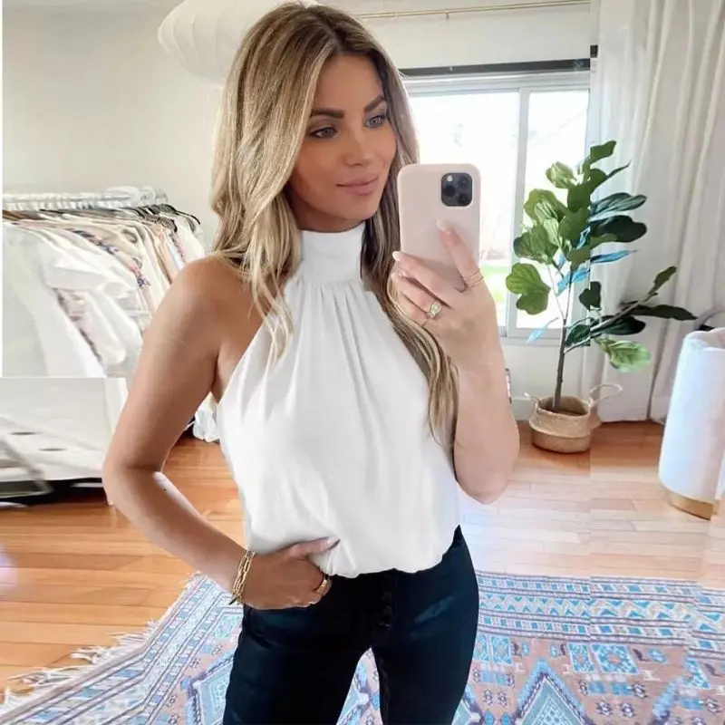 Atasan Baju Blouse Blus  Wanita Halter Neck Off Shoulder Singlet Tanpa Lengan Bahan Satin Polos Ellegant Formal Pendek Lembut Nyaman