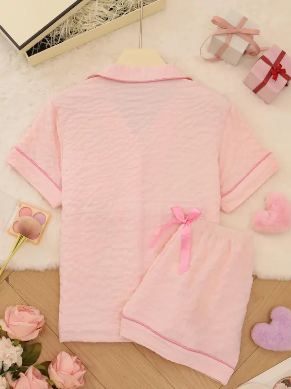 Women's Solid Color Short Sleeve Top & Shorts Pajama Two-piece Set, Casual Comfy Shirt & Shorts PJ Set, Ladies Summer Sleepwear, Loungewear 6