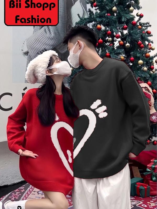 Áo Sweater Đôi Trái Tim Nữa Đỏ Đen phong cách, Áo sweater đôi from Rộng Phong Cách Unisex Basis Ulazang. Jacket Top Women Pants Cổ Tròn 2