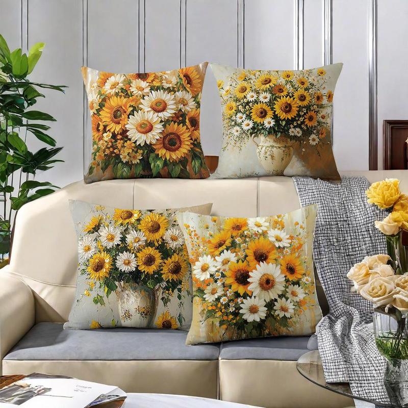 Sunflower Pattern Cushion Cover, 4 Counts/set Square Throw Pillow Cover, Household Decoration Supplies for Home Living Room Bedroom 2
