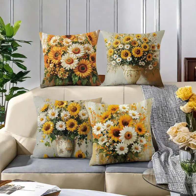 Sunflower Pattern Cushion Cover, 4 Counts/set Square Throw Pillow Cover, Household Decoration Supplies for Home Living Room Bedroom 2