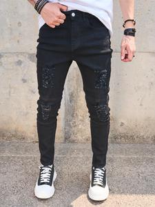 Men's Solid Color Ripped Jeans, Slim Casual Comfy Denim Pants for Daily Wear, Fashion Men's Bottoms for All Seasons, Cotton
