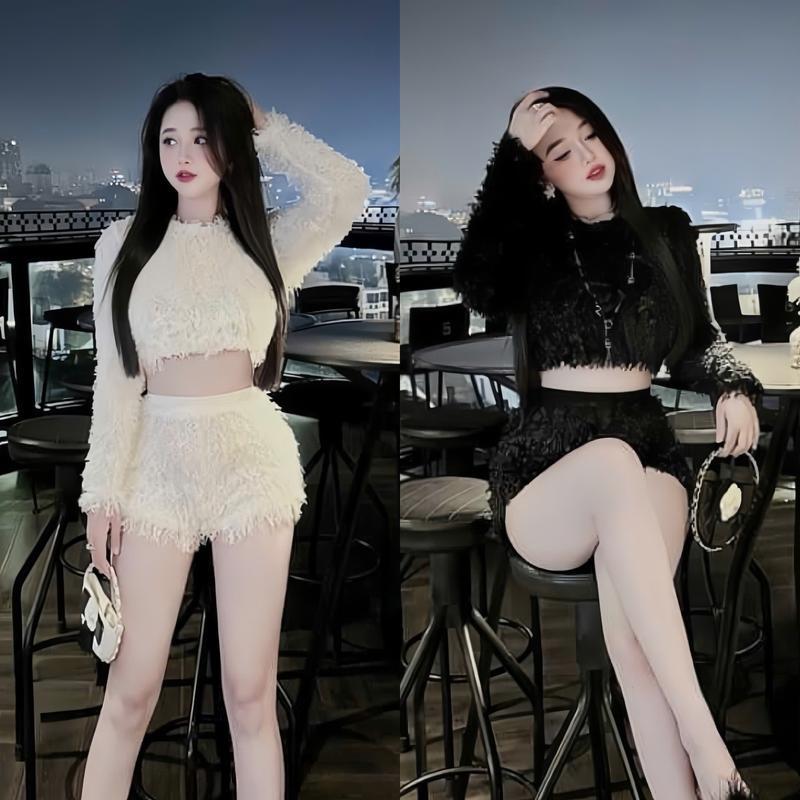 MeiCloset Set đồ nữ lông vũ áo croptop cổ tròn tay dài mix quần đùi với tone 2 màu xinh xắn dành cho các nàng diện đi chơi đi tiệc Women