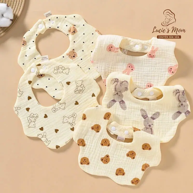 Yếm Xoay Vải Muslin Cao Cấp 4 Lớp Cúc Bấm Hoạ Tiết Siêu Dễ Thương, Thấm Hút Tốt Cho Bé Xô Muslin - LUCIE'S MOM 0