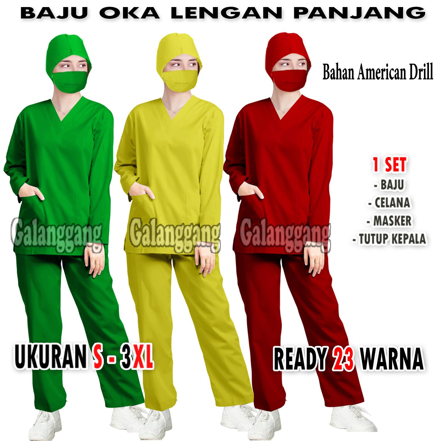 Baju Ok - Baju Oka Lengan Panjang - Scrub Ok - Baju Perawat - Baju Jaga Dokter - Bidan - Bahan American Drill - Model Terbaru dan kekinian Katun Celana