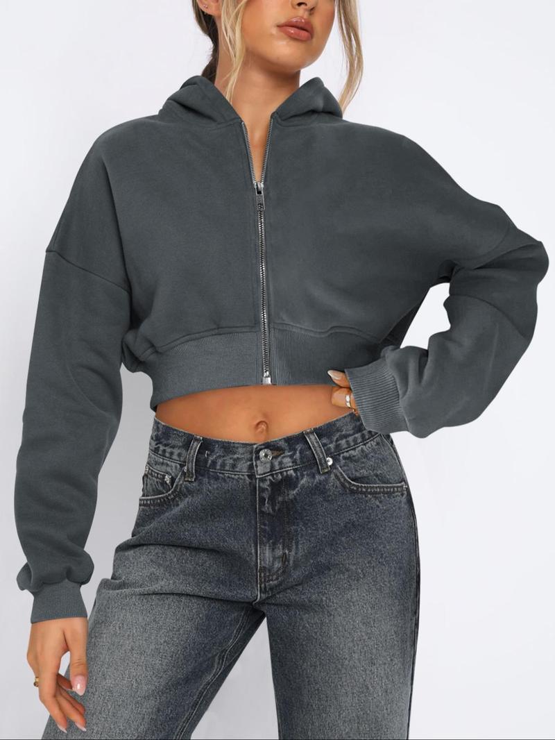 Product Introduction of Women's Solid Zip Up Drop Shoulder Hoodie, Casual Long Sleeve Hooded Sweatshirt for Fall & Winter, Women's Clothing for Daily Wear 7
