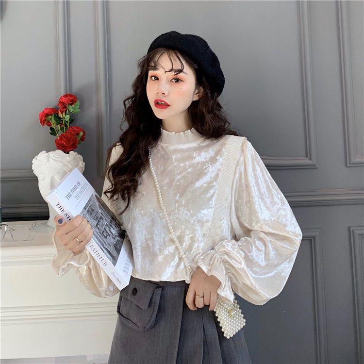 Product Introduction of Áo Sơ Mi Nhung, Ngọt Ngào Và Thanh Lịch, Chắp Vá Selvedge Dây Cổ Đứng, Hàng Mới Về Mùa Thu Cho Nữ, Tay Phồng Trẻ Trung, Áo Dài Tay 12