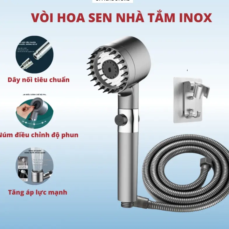Vòi Hoa Sen, Vòi Nhà Tắm Tăng Áp Lực Nước Chất Liệu Mạ Inox Chống Gỉ Tay Cầm Đen Nhám 4 Chế Độ Xả Nước Dây 1,5m 0