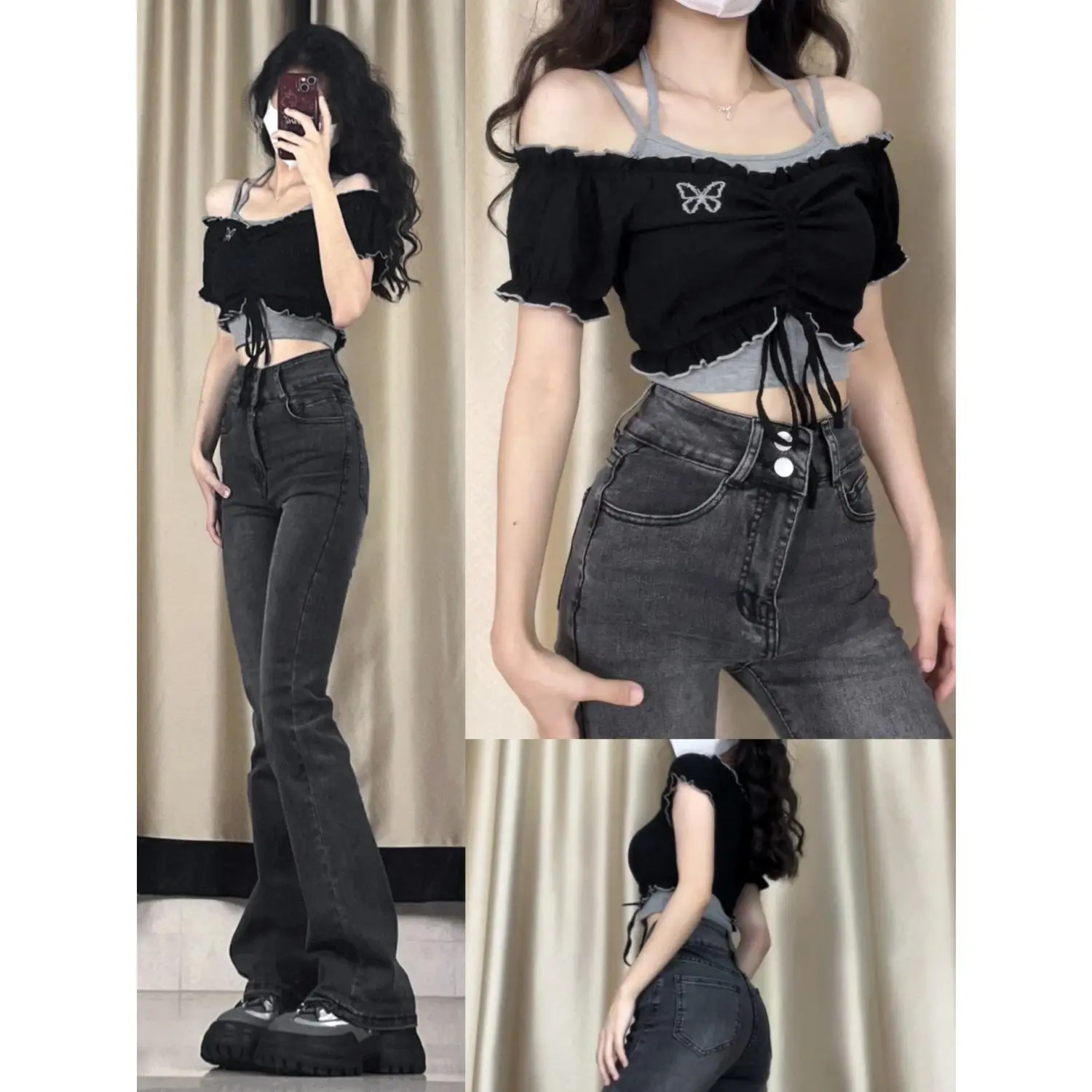 Bộ Đồ Mùa Hè Cho Nữ, Thiết Kế Cô Gái Nóng Bỏng Thuần Khiết, Áo Ngắn Trễ Vai, Áo Vest Cổ Yếm Bộ Đồ Hai Mảnh, Hàng Mới Về Năm 2024