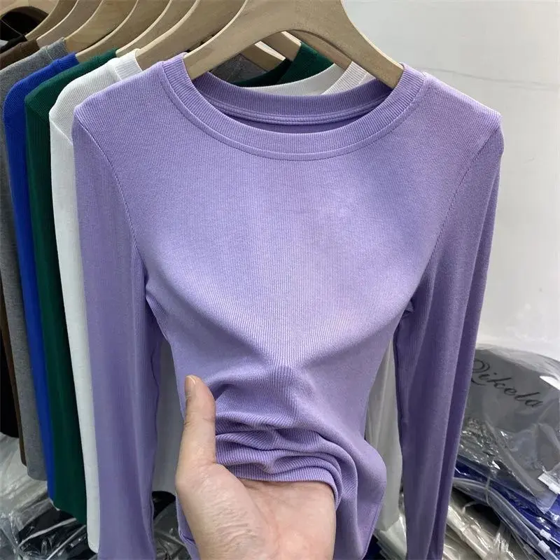 Áo Thun Dài Tay Cổ Chữ O Cho Nữ, Áo Có Lớp Đế, Thời Trang Cơ Bản, Áo Màu Trơn, Xuân Thu