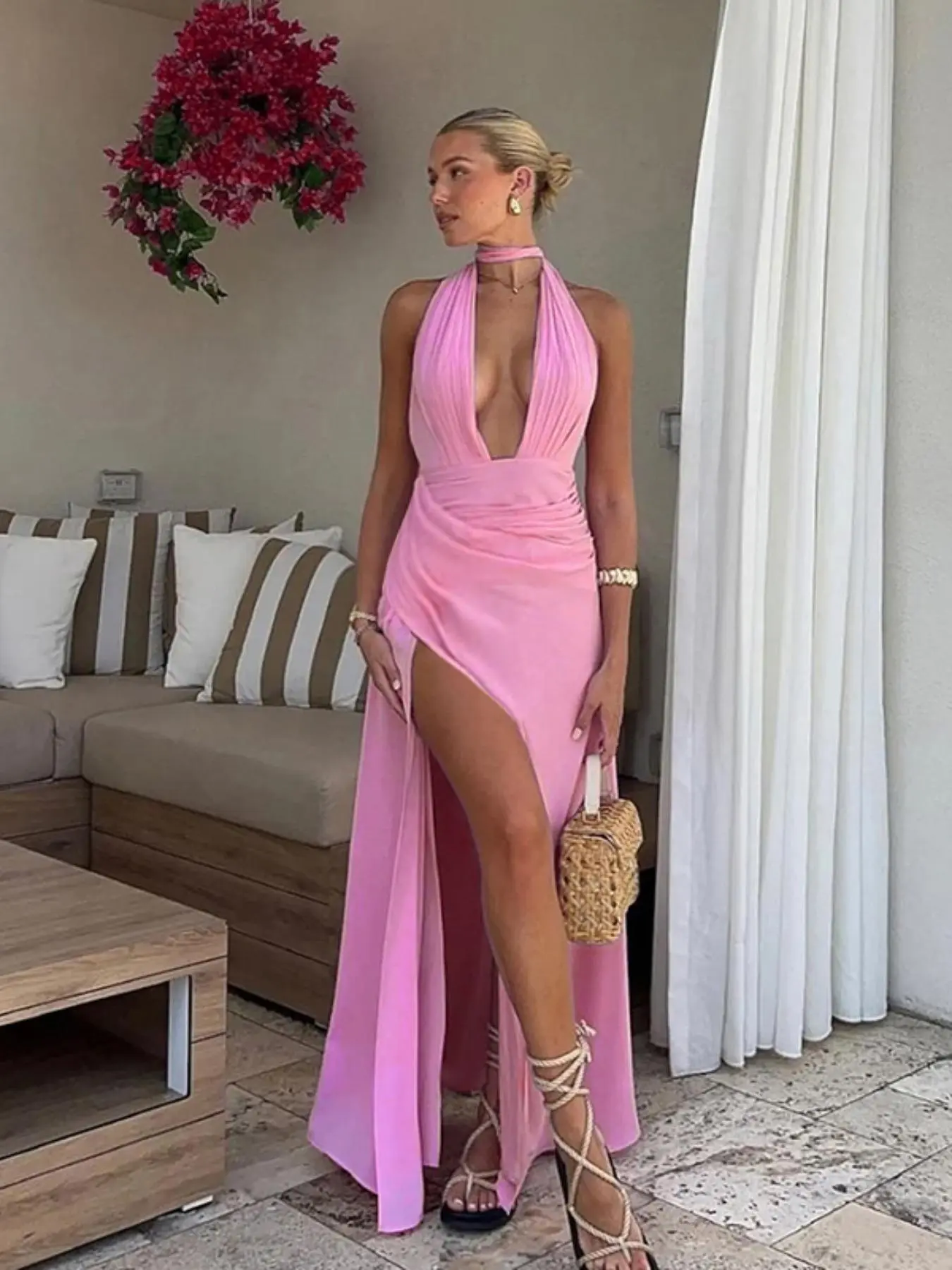 Women's Plain Halter Neck Dress, Elegant  Sleeveless Split Hem Dress for Party Club Dating Wear, Ladies Summer Clothes