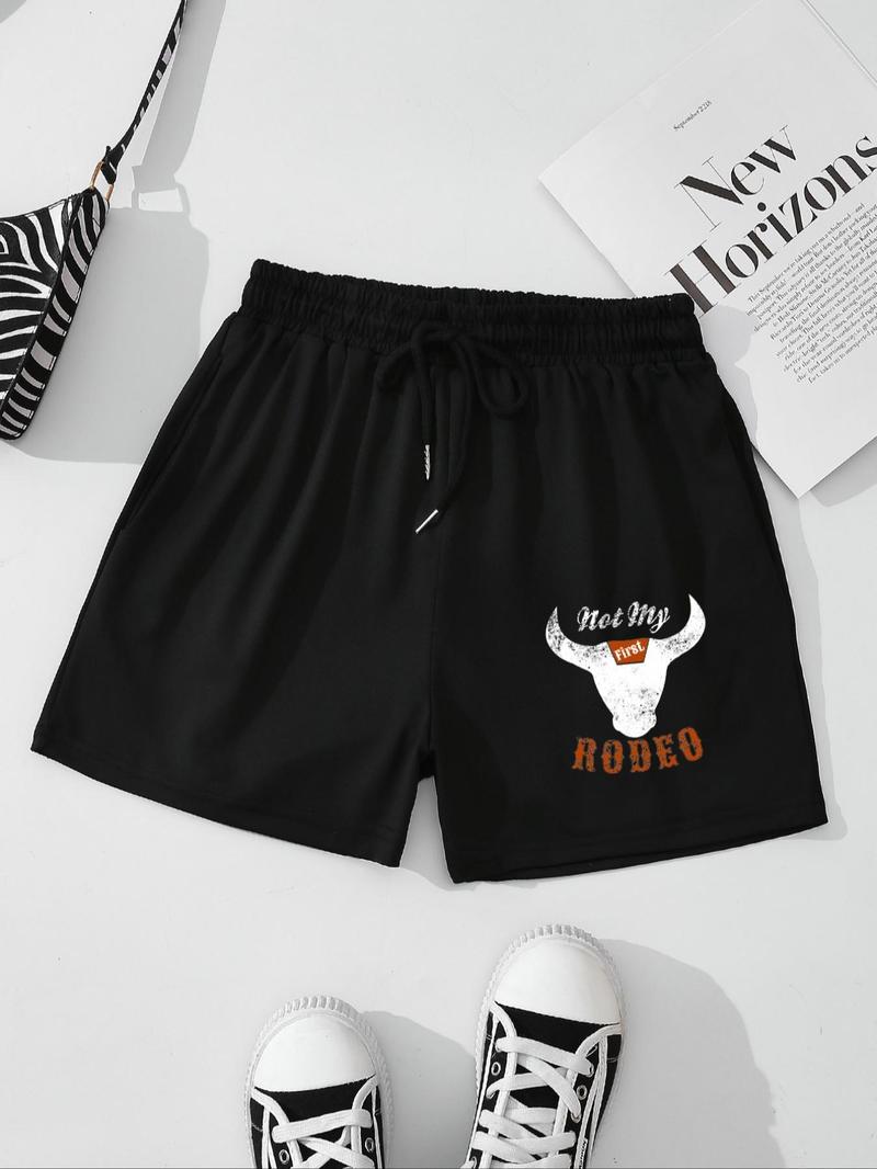 Product Introduction of Women's Rodeo Print Drawstring Waist Shorts, Summer Clothes Women, Casual Straight Leg Shorts for Summer, Women's Bottoms for Daily Wear 3