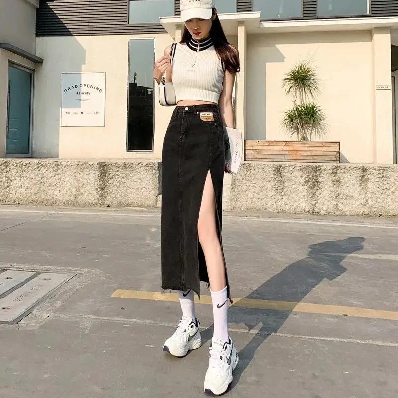 Midi Long Skirt Y2k Denim Skirt Women's Denim Long Skirt Summer Retro Side Slit Womenswear Bottom Lingerie Lady Basic Minimalist Comfort