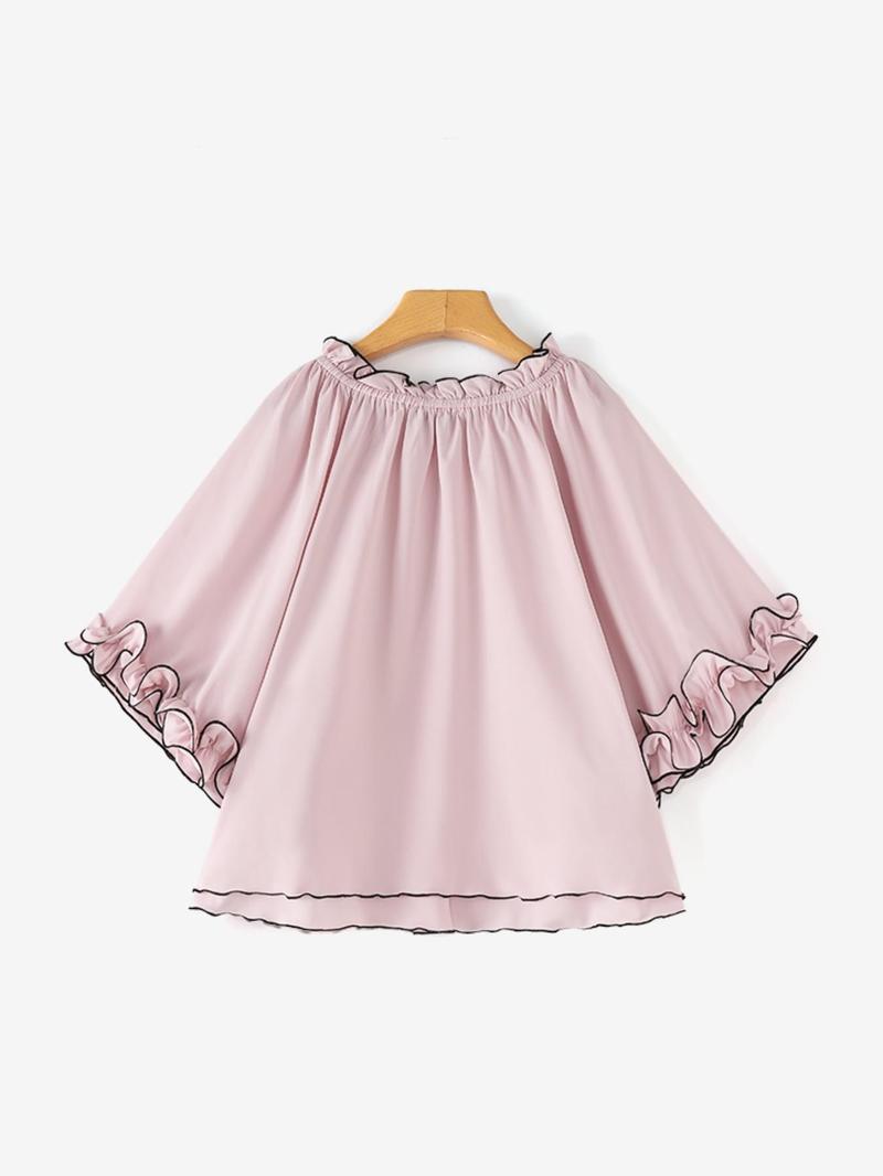 Product Introduction of Women's Plain Contrast Binding Frill Trim Pleated Blouse, Casual Batwing Sleeve Boat Neck Top for Spring & Fall, Women's Clothing for Daily Wear 2