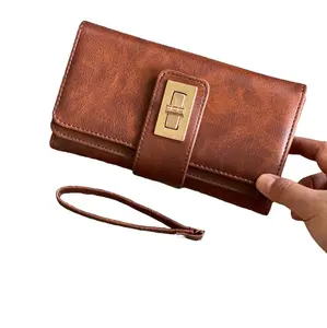 Dompet Elvita Polos panjang wanita Kulit PU Setrip Dompet Kartu Dompet Lipat Tiga Dompet Panjang Canvas