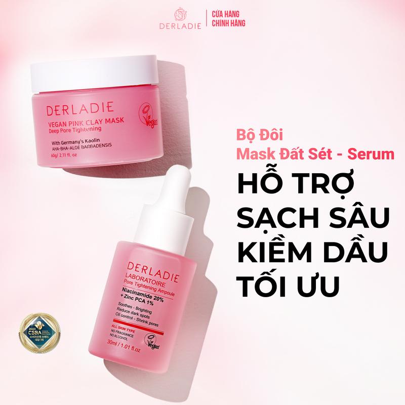 (Live) Bộ Đôi Hỗ Trợ Kiềm Dầu, Ngừa Mụn, Thu Nhỏ LCL Serum Niacinamide 20% và Mặt Nạ Đất Sét Derladie Vegan Pink Clay Mask Deep Pore Tightening Skincare Làm Đẹp Da