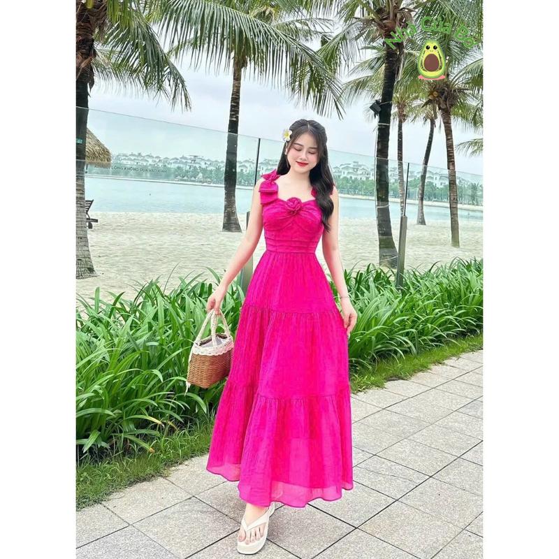 Đầm nữ thời trang thiết kế chất tằm gẫy có lót đầm dài xòe áo dây nơ đính hoa xinh , dịu dàng nữ tính 0