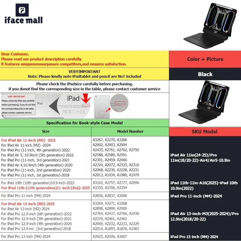 iface mall iPad Air 13-inch ( 2024) Keyboard Case, 360° Rotatable Hover Slide Trackpad, 7-Color Backlit Keyboard for iPad Pro 12.9-inch (3rd Gen/4th Gen/5th Gen/6th Gen) - iPad Air 13-inch (M3) 2025,iPad 10th 2