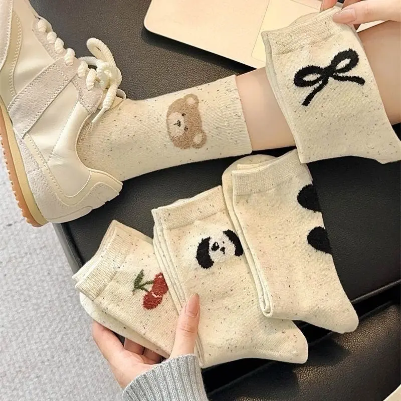Set 5 Đôi Tất Cao Cổ Nữ Màu Muối Tiêu Họa Tiết GẤU CHERRY Phong Cách Hàn Quốc