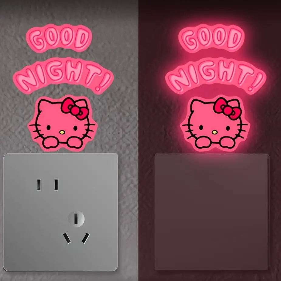 Miếng Dán Tường Phát Sáng Trong Bóng Tối, Thiết Kế Hoạt Hình Hello Kitty, Sanrio, Nhựa Tự Dính, Trang Trí Nhà Cửa, Với "Good Night!" Bóng đèn màu hồng sáng, minh họa Hello Kitty, cho phòng ngủ hoặc quà tặng