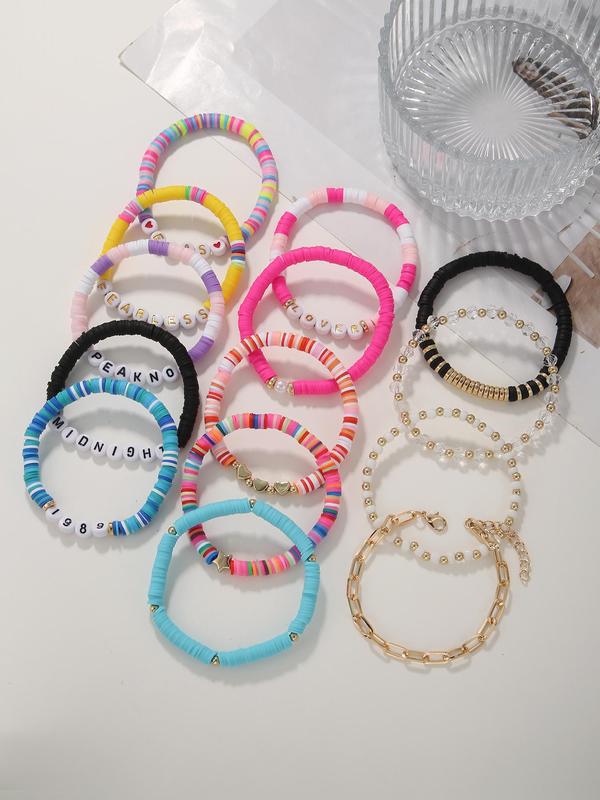 14pcs/set Women's Fashion Colorful Beaded Bracelet & Faux Pearl Decorated Link Bracelet, Heart & Letter Charm Jewelry for Party, Daily Clothing Decor for Girl 3