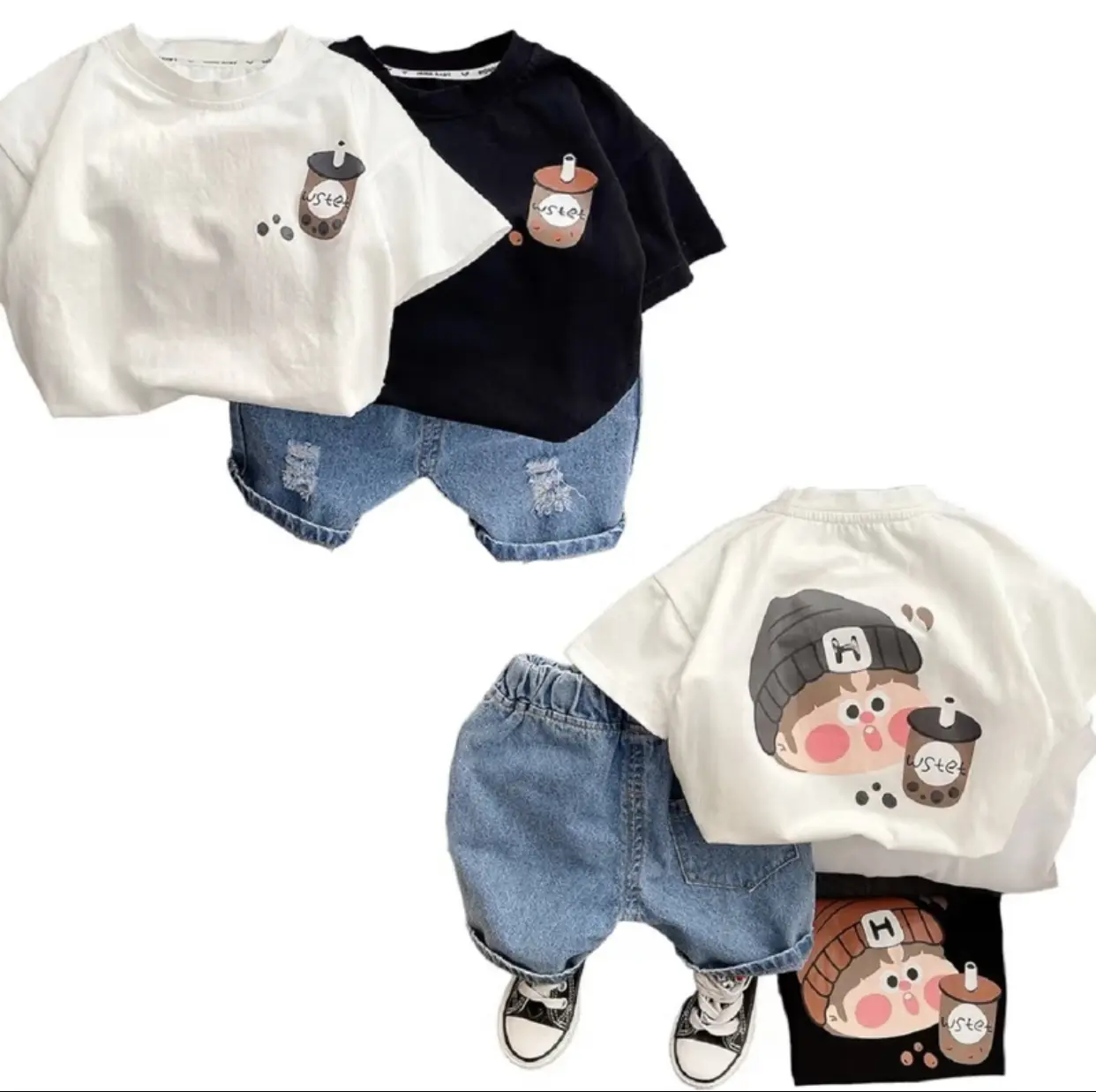 Bộ bé trai trà sữa TS cho bé 8-25kg áo cotton quần jean