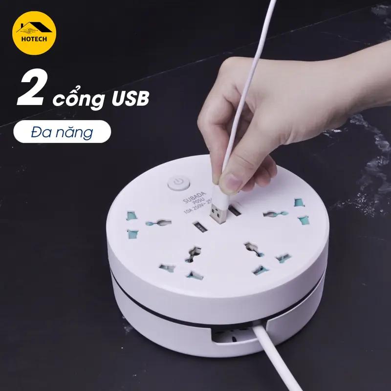 Ổ Điện Đa Năng Dây Rút Chống Giật An Toàn Hotech Chịu Tải 2500W 3 Cổng Usb Tiện Lợi Dây Dài 1,9 - 3,8M Quấn Gọn OD18H 5