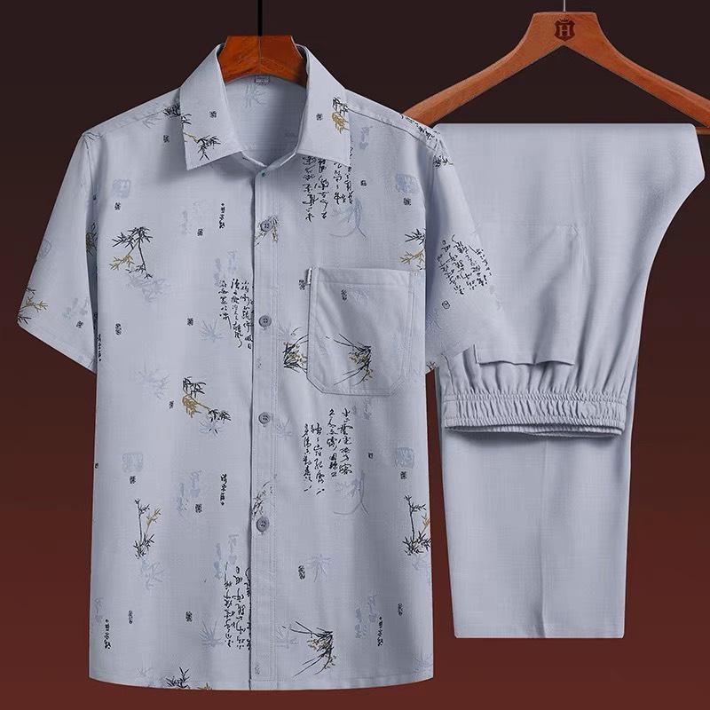 Đồ bộ trung niên nam, Bộ đồ cổ bẻ in họa tiết lá tre, màu trơn, chất liệu đũi mộc nhẹ mát, Bộ đồ quần dài áo ngắn tay phong cách thanh lịch món quà tặng bố yêu Menswear set