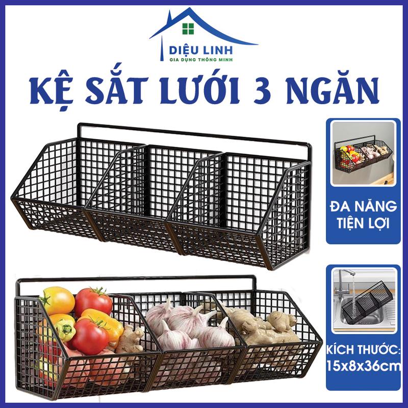  Kệ lưới sắt 3 ngăn gắn tường chất liệu thép không rỉ đựng rau củ hành tỏi tiết kiệm không gian Dieulinhshop Treo Tường 