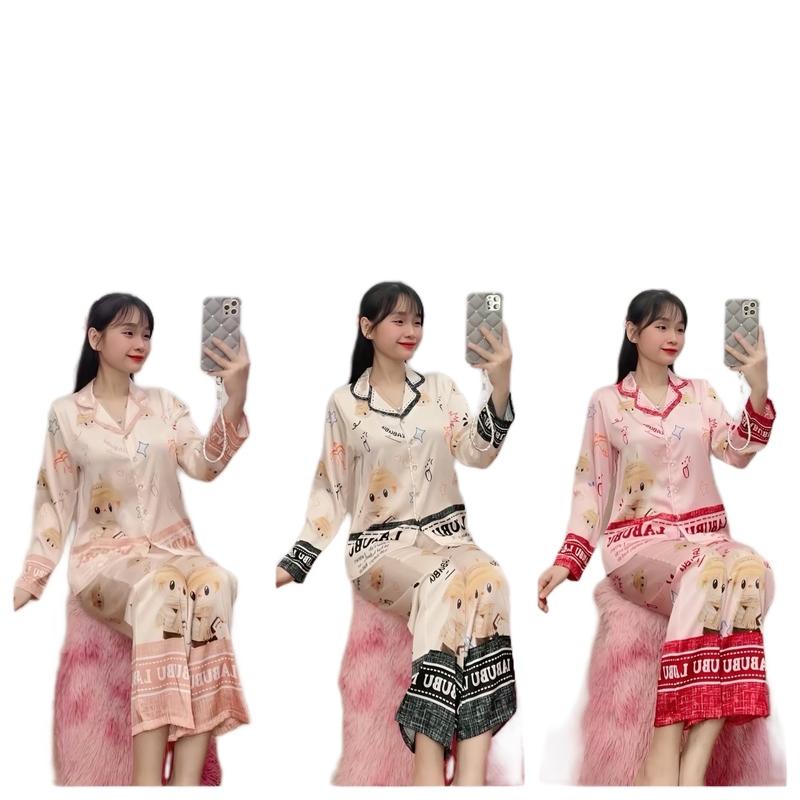 Bộ pyzama TD(42_65kg) BU 2 lụa Latin Dài Tay Womenccao cấp in hoạ tiết tay dài phối nẹp mặc nhà- xưởng May Thanh Nữ Kem Áo Kem Áo. Quần Ngủ