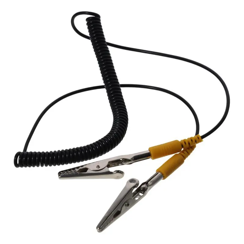 Cáp nối đất chống tĩnh điện PU, Dây Cuộn Dây 2mm 180cm / 71 ", Dây dài, Polyurethane, Màu đen, với kẹp cá sấu đôi, Kiểu móng vuốt 1