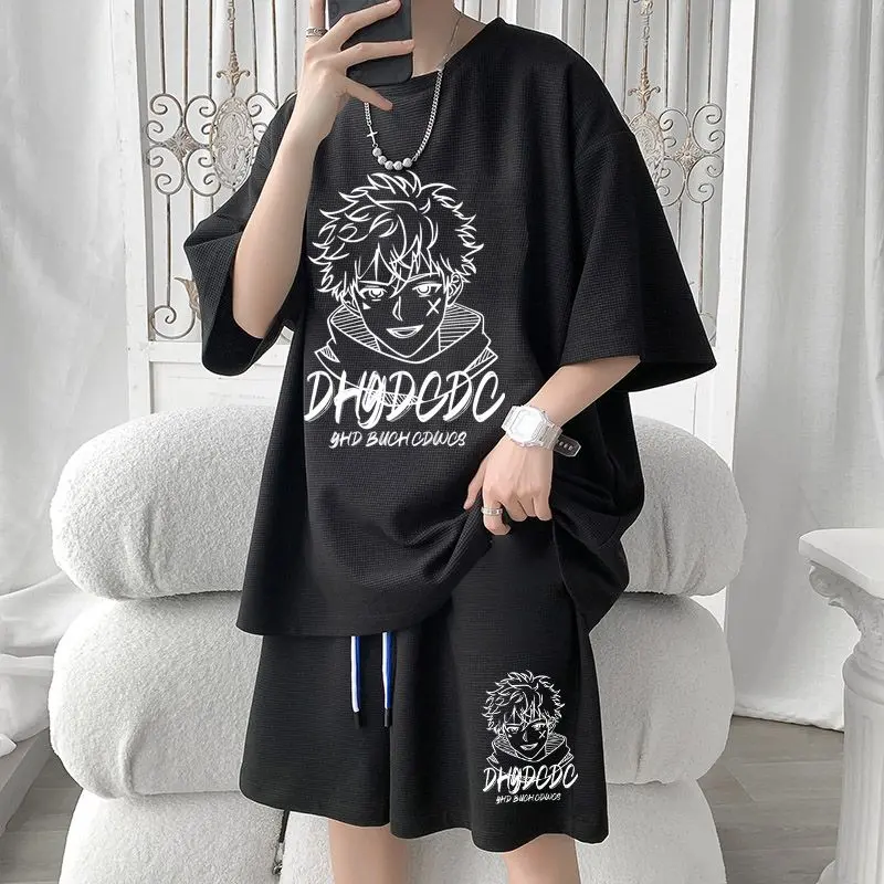 Waffle Short-Sleeved T-shirt Suit Men's Trendy Summer Shorts Casual Sportswear Two-Piece T-shirt Clothing Menswear Formal Wear Formal