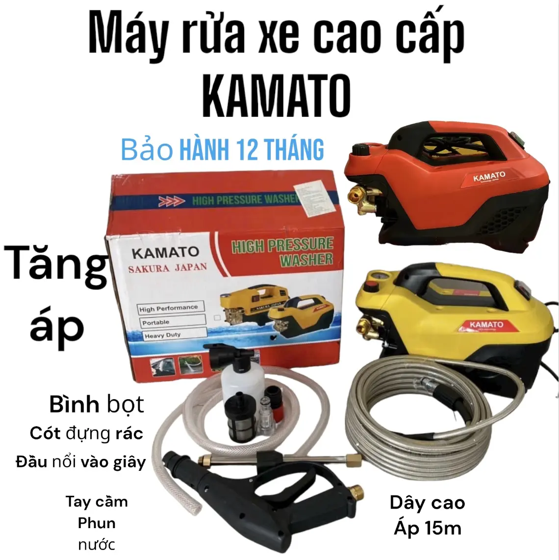 Máy Rửa Xe KAMATO 2.5 KW (2500W) Lõi Đồng 100% - Dây Áp Lực 15m + Dây Hút Nước 1.6m