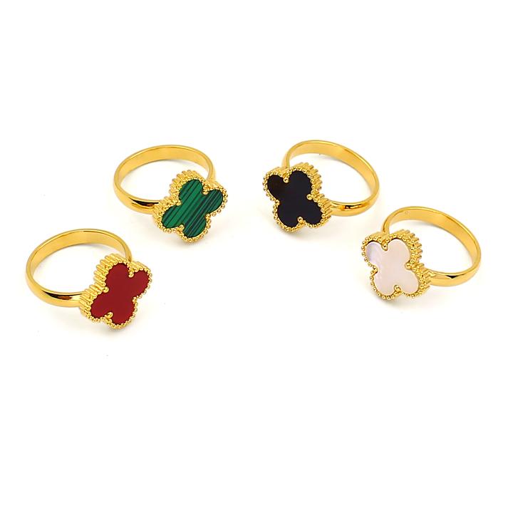 Nhẫn titan cỏ 4 lá màu vàng mặt cẩn xà cừ cao cấp dây chuyền