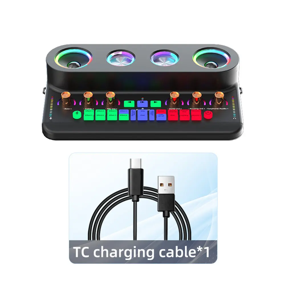 Sound Card & Audio Podcast Equipment Portable Karaoke Machine Multifunctional Rechargeable BT Sound Card Electric Sound Broadcast Equipment with DSP Noise Reduction Colorful Light Effect