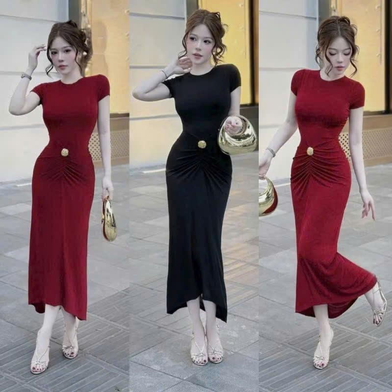 Đầm váy nữ cổ tròn tay ngắn nhún bụng dáng midi đính kèm tab - đầm mặc đi chơi đi tiệc sang chảnh, thun ladong CK07  Dress Women Đỏ 0