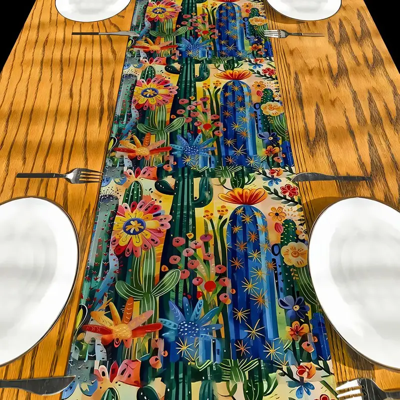 Cactus & Flower Pattern Table Runner, Colorful Table Runner, Decorative Tablecloth for Home Kitchen Dining Room, Party Decor Supplies 4