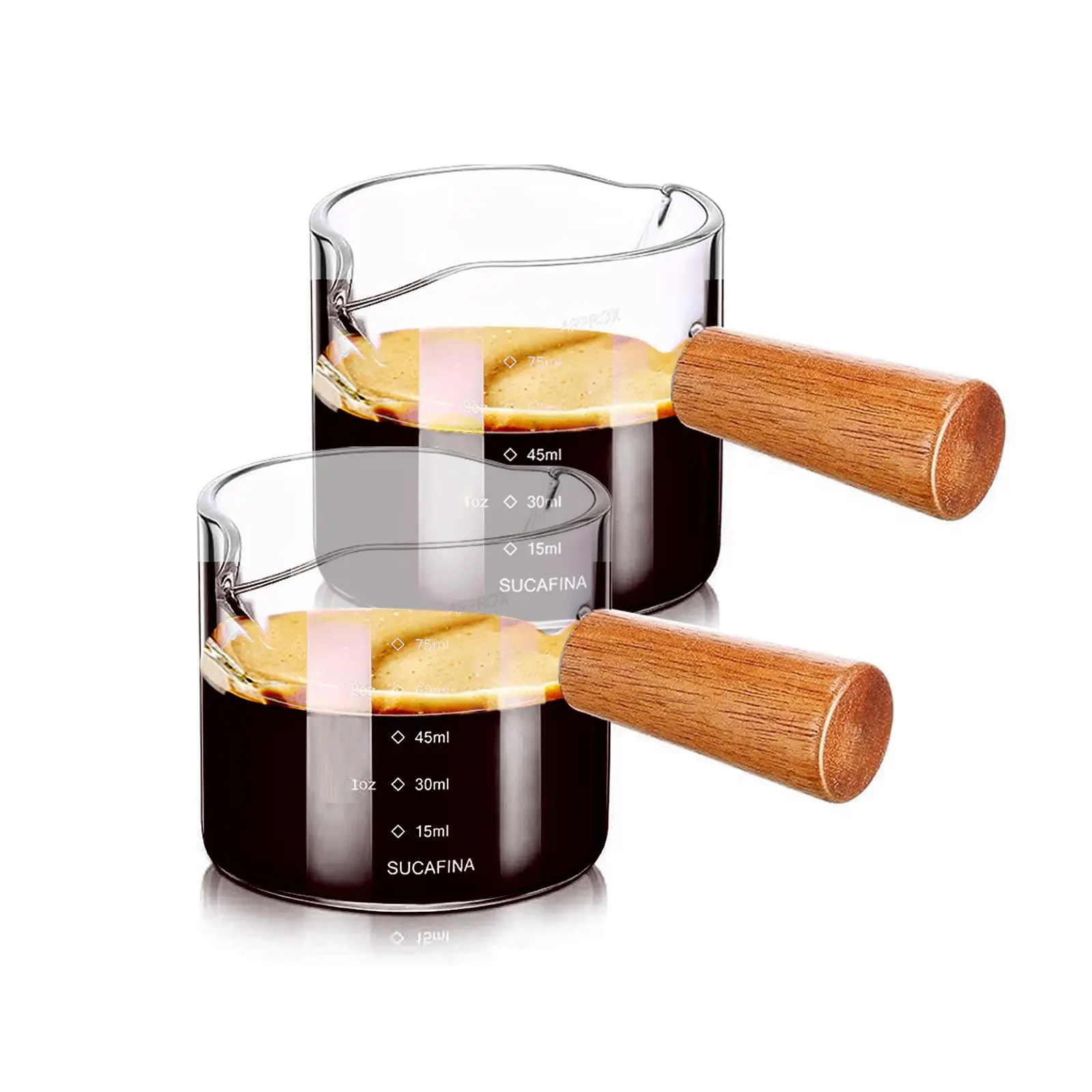 Double V-shaped Mouth Coffee Cup with Wooden Handle, 2 Counts Simple Glass Coffee Measuring Cup with Double Scale, Espresso Shot Glass, Coffee Making Tools