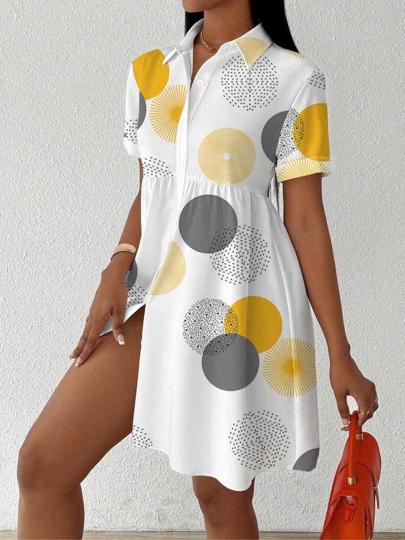 Product Introduction of 【Plus Size】 All Over Print Shirt Dress, Casual Short Sleeve Collared Dress for Summer, Women's Clothes for Daily Wear 6